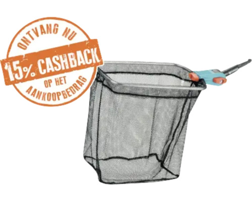 Schepnet met fijnmazig net en aansluiting voor telescoopsteel met 15 procent cashback-zegel.