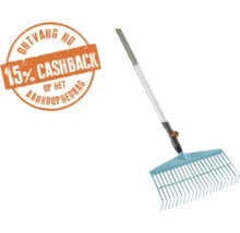 Gazonhark met lange steel en 15 procent cashback actie op het aankoopbedrag.