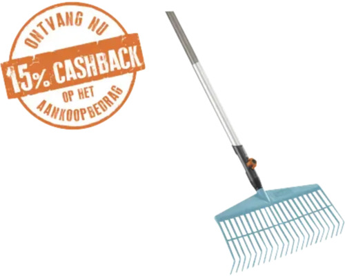 Gazonhark met lange steel en 15 procent cashback actie op het aankoopbedrag.