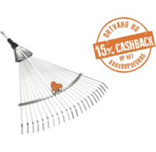 Verstelbare bladhark van metaal voor tuinwerkzaamheden met 15 procent cashback actie op het aankoopbedrag.