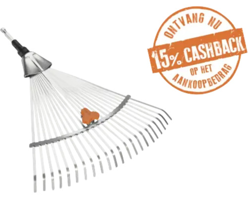 Verstelbare bladhark van metaal voor tuinwerkzaamheden met 15 procent cashback actie op het aankoopbedrag.