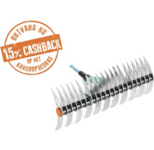 Verticuteerhark met dubbelzijdige stalen tanden en een symbool voor 15 procent cashback op het aankoopbedrag.