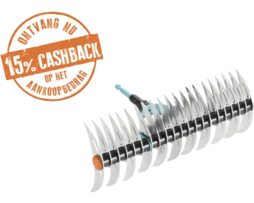 Verticuteerhark met dubbelzijdige stalen tanden en een symbool voor 15 procent cashback op het aankoopbedrag.