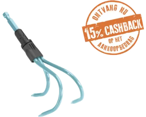 Tuinklauw-opzetstuk voor boormachines met drie tanden en zeskantschacht. Inclusief 15 procent cashback op het aankoopbedrag.