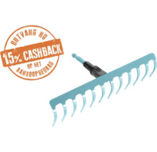 Lichtblauwe tuinhark van metaal met gebogen tanden en 15 procent cashback.