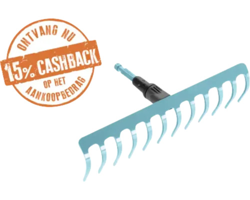 Lichtblauwe tuinhark van metaal met gebogen tanden en 15 procent cashback.