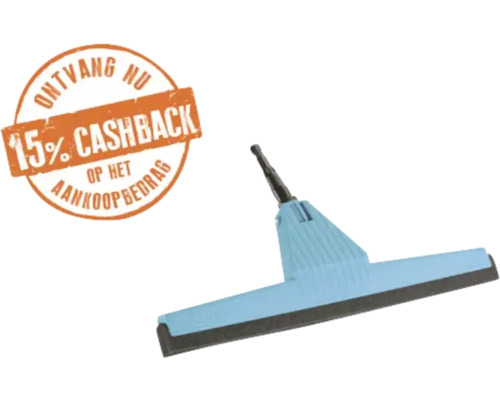Vloertrekker met rubberen strip en 15 procent cashback actie.
