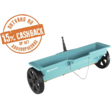 Gardena strooiwagen met wielen, 15 procent cashback actie en Gardena Logo.