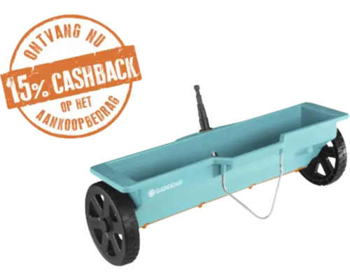 Gardena strooiwagen met wielen, 15 procent cashback actie en Gardena Logo.