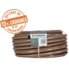 Gardena tuinslang Flex, 25 meter, 19 millimeter diameter. Grijs met oranje strepen. 15 procent cashback actie. Gardena Logo.