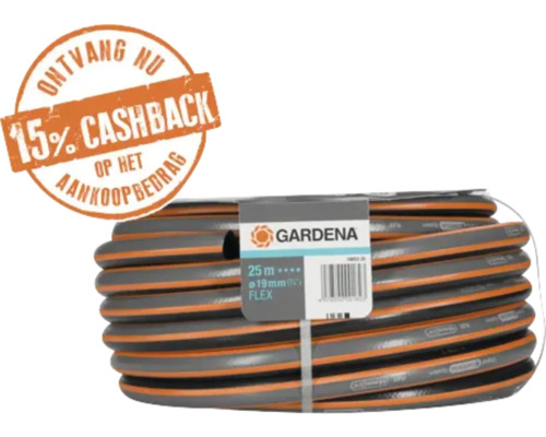 Gardena tuinslang Flex, 25 meter, 19 millimeter diameter. Grijs met oranje strepen. 15 procent cashback actie. Gardena Logo.