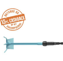 Lichtblauwe tuinhak en cultivator met 15 procent cashback op het aankoopbedrag.