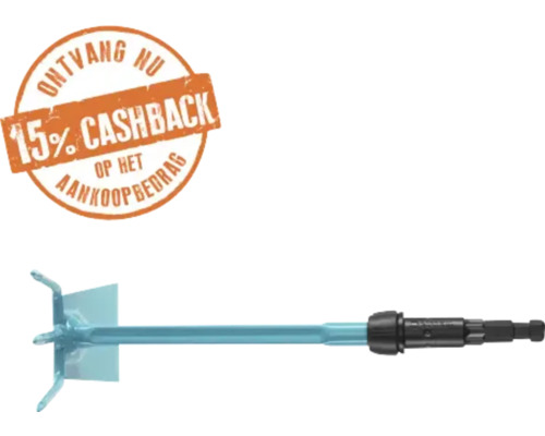 Lichtblauwe tuinhak en cultivator met 15 procent cashback op het aankoopbedrag.