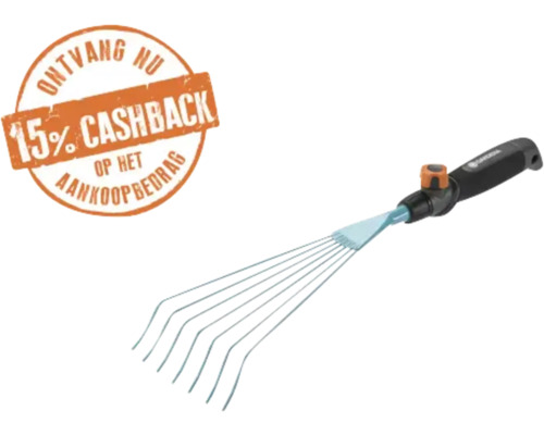 Gardena handhark met ergonomische handgreep en 15 procent cashback op het aankoopbedrag.
