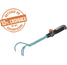 Gardena handkrabber met drie tanden, Gardena logo en een zegel voor 15 procent cashback op het aankoopbedrag.