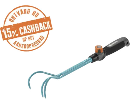 Gardena handkrabber met drie tanden, Gardena logo en een zegel voor 15 procent cashback op het aankoopbedrag.