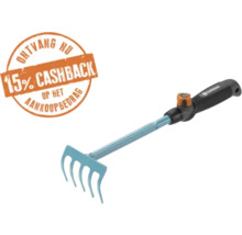 Gardena handhark met vier tanden, ergonomische handgreep, Gardena Logo en 15 procent cashback.