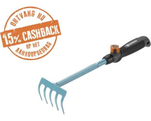 Gardena handhark met vier tanden, ergonomische handgreep, Gardena Logo en 15 procent cashback.