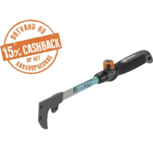 Gardena dakgootreiniger opzetstuk in zwart en turquoise met 15 procent cashback zegel en Gardena Logo.