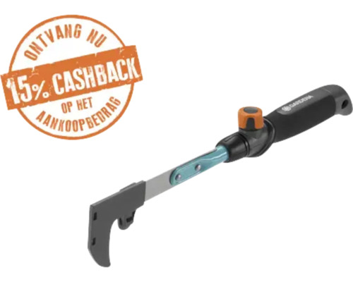 Gardena dakgootreiniger opzetstuk in zwart en turquoise met 15 procent cashback zegel en Gardena Logo.