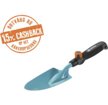 Gardena Logo op een bloemenschepje met ergonomische handgreep en turquoise blad en 15 procent cashback.