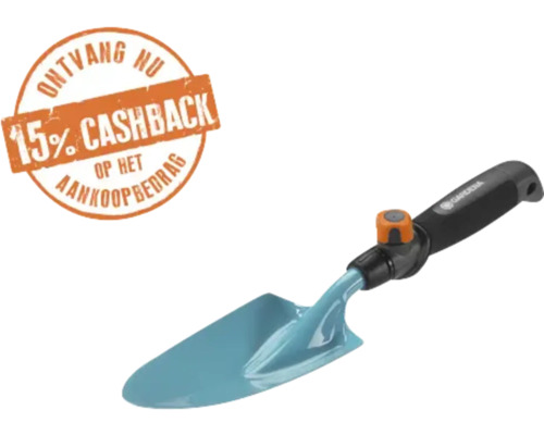 Gardena Logo op een bloemenschepje met ergonomische handgreep en turquoise blad en 15 procent cashback.