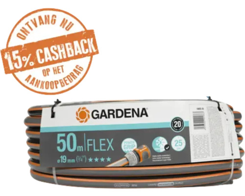 Gardena Comfort FLEX tuinslang, lengte 50 meter, diameter 19 millimeter, inclusief 15 procent cashback actie.
