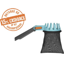 Blauwe fruitplukker met zwarte opvangzak en een symbool voor 15 procent cashback op het aankoopbedrag.