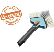 Driehoekige kwast voor hoeken met blauwe kop, zwarte handgreep en melding van 15 procent cashback.