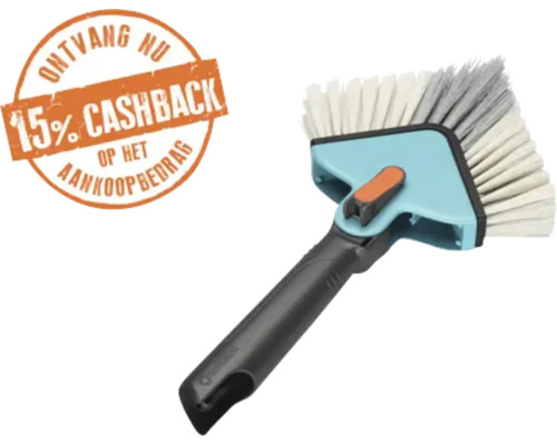 Driehoekige kwast voor hoeken met blauwe kop, zwarte handgreep en melding van 15 procent cashback.