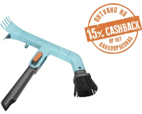 Lichtblauwe multifunctionele voegenreiniger met borstel, krabber en wateraansluiting. Zegel voor 15 procent cashback op het aankoopbedrag.