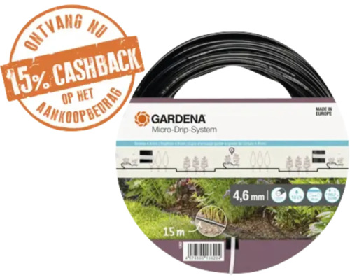 Gardena Micro-Drip-System verdeelbuis, 4,6 millimeter, lengte 15 meter, zwart, met 15 procent cashback zegel.