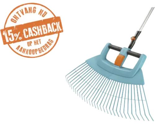 Lichtblauwe kunststof bladhark met steel en vermelding van 15 procent cashback op het aankoopbedrag.