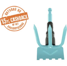 Handhak met drie tanden en actiezegel voor 15 procent cashback op het aankoopbedrag.