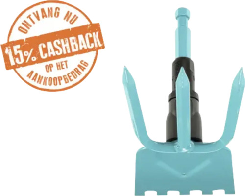 Handhak met drie tanden en actiezegel voor 15 procent cashback op het aankoopbedrag.