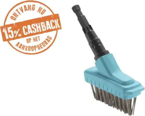 Draadborstel opzetstuk met metalen haren voor voegen, inclusief vermelding van 15 procent cashback op het aankoopbedrag.