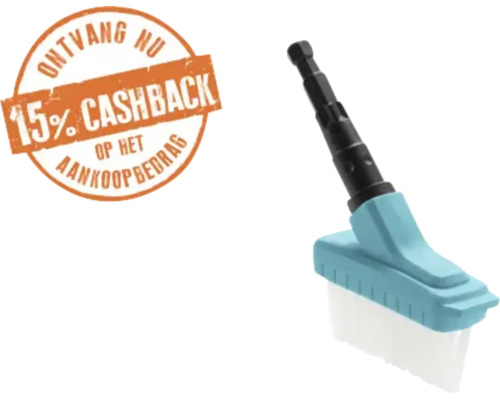 15 procent cashback-actie op het aankoopbedrag naast een opzetborstel voor een boormachine.