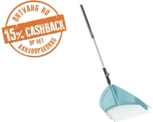 Bladhark met lange steel en brede kop en een zegel voor 15 procent cashback.