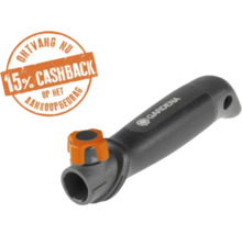 Gardena handgreep met oranje instelknop en vermelding van vijftien procent cashback.