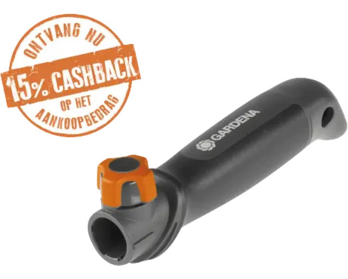 Gardena handgreep met oranje instelknop en vermelding van vijftien procent cashback.