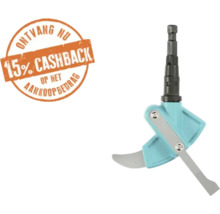 Knabbelschaar opzetstuk voor boormachines met een vermelding van 15 procent cashback op het aankoopbedrag.
