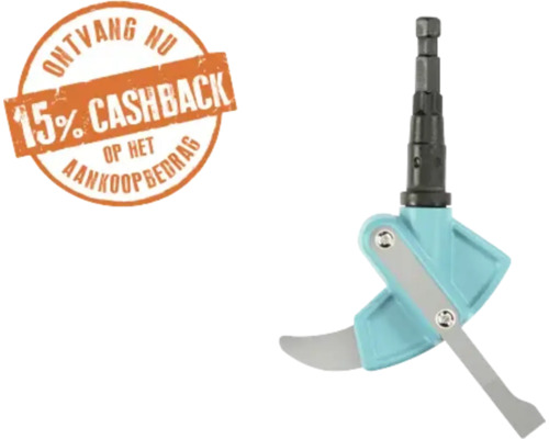 Knabbelschaar opzetstuk voor boormachines met een vermelding van 15 procent cashback op het aankoopbedrag.