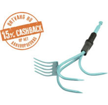 Lichtblauw opzetstuk voor tuingereedschap met drie gebogen tanden en een hark met vier tanden. Vijftien procent cashback op het aankoopbedrag.