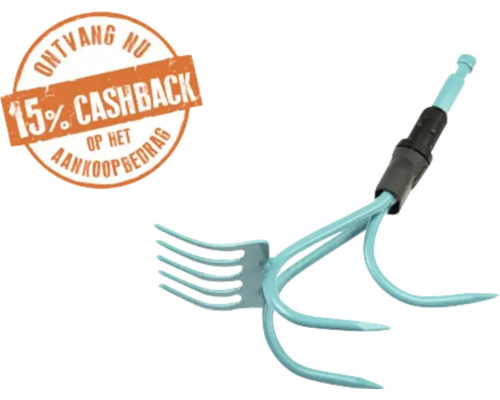 Lichtblauw opzetstuk voor tuingereedschap met drie gebogen tanden en een hark met vier tanden. Vijftien procent cashback op het aankoopbedrag.