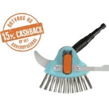 Turquoise onkruidborstel met metalen borstelharen en voegenkrabber en 15 procent cashback op het aankoopbedrag.