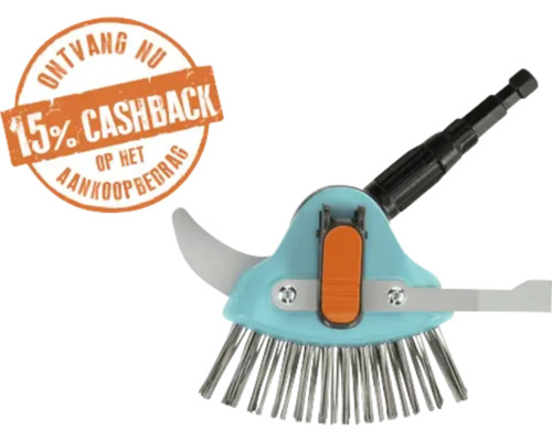Turquoise onkruidborstel met metalen borstelharen en voegenkrabber en 15 procent cashback op het aankoopbedrag.