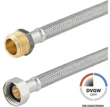 Flexibele aansluitslang met roestvrijstalen omvlechting, buitendraad en wartelmoer, DVGW-gecertificeerd.