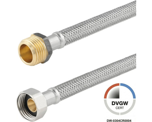 Flexibele aansluitslang met roestvrijstalen omvlechting, buitendraad en wartelmoer, DVGW-gecertificeerd.