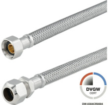 Flexibele pantserslang met DVGW-certificering, roestvrijstalen vlechtwerk, wartelmoer en knelkoppeling.