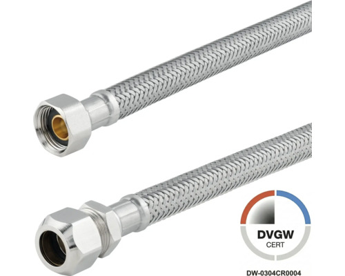 Flexibele pantserslang met DVGW-certificering, roestvrijstalen vlechtwerk, wartelmoer en knelkoppeling.